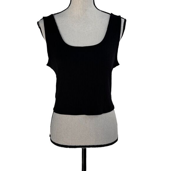 Bar III Medium Cropped Tank Top Wide Straps Stretch Ribbed Scoop Neck Black New - Picture 1 of 7
